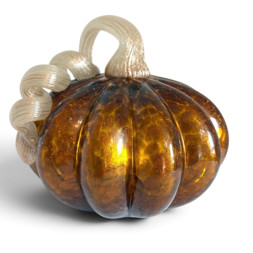 Amber Tortoiseshell Hand Blown Glass Light Up Pumpkin LED Timer Fall Decor